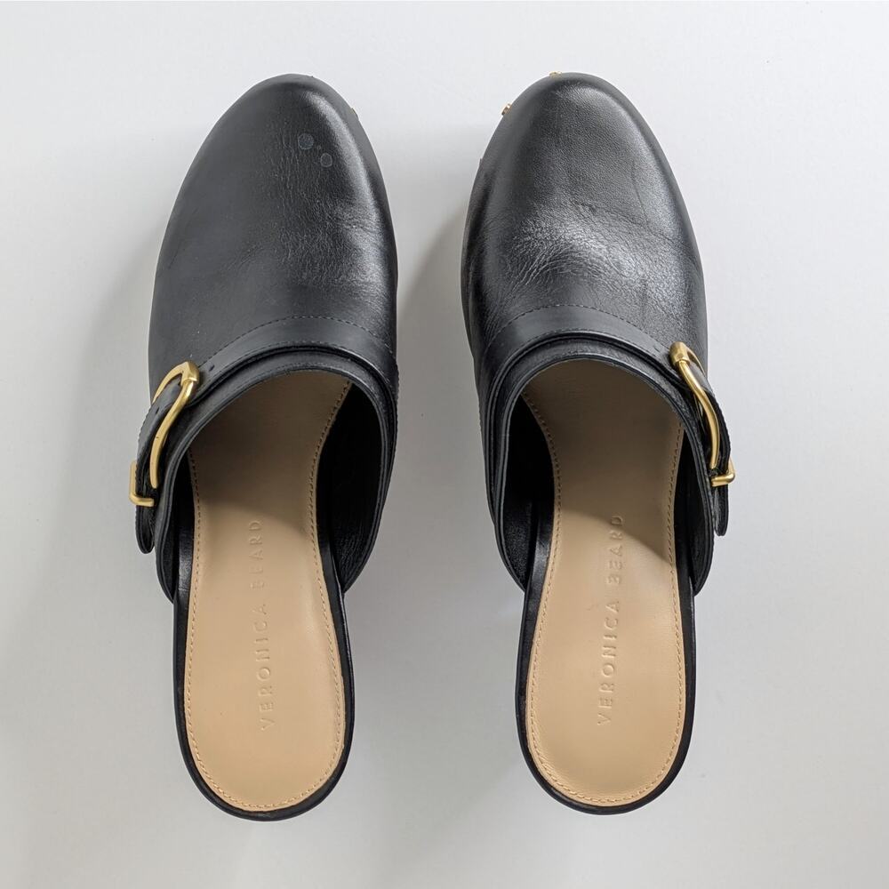 Veronica Beard Hendrix Platform Clogs 9 Black Leather Wood Heel Slip On Mules - Picture 12 of 16
